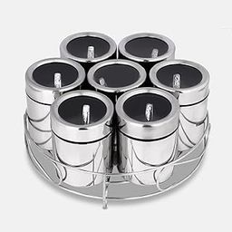 SHARKFINS 7 in 1 Multipurpose Stainless Steel Masala Dabba | Masala Box for Kitchen | Spice Box Steel | 7 Jars with 7 Spoons and Stylish Wire Stand Small Size 175ml Each-image-47