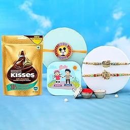 CraftVatika Rakhi Chocolates Gift for Brother Boy Kids Rakhi Set of 3 for Bhaiya Brother, Peacock Radhe Krishna Rakhi Combo Set Rakhi Chocolates Rakhi with Gift Hamper (RAKHI475-FMG101-KISSES)-image-90