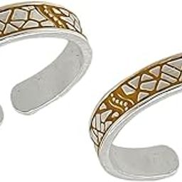 925 Sterling Silver Designer Yellow Color Work Band Toe Rings/Chandi Bichiya ~ Pack in 2 Pieces-image-12