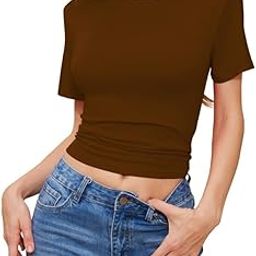 Women's Fitted Crop Top Fashion Workout Shirts Tight Cotton Tee Scoop Neck Short Sleeve B14 NK-picture-10