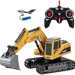 Metal RC Truck Toy - 9-Channel Remote Control Construction Vehicle Dumping Truck with Lights & Sounds, 2.4GHz Rechargeable Toy for Kids Ages 3+ Battery&Remote Included for Kids,Yellow (Excavator)-10