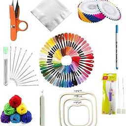 Complete Embroidery Starter Kit with 50 Rangoli Threads, Punch Needle, Wooden Frames, Woolen Threads, Poplin Cloth and Accessories-image-86
