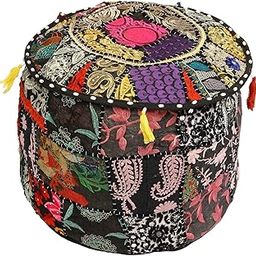 GANESHAM Indian Embroidered Patchwork Ottoman Cover, Round, Black, Cotton Top, 13" H x 18" Diam.-image-34
