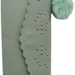 Ladies Scalloped Wallet with Studded Design and Pom-Pom, Mint Green, Faux Leather-image-34