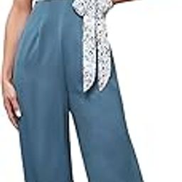 Women's Multicolored Round Neck Short Sleeves Floral Waist Tie-Up Regular Length Jumpsuit-image-10