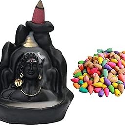 J JIYANSH CREATION Lord Shiva Adiyogi Shiva Backflow Smoke Fountain Incense Holder Burner with Backflow Incense Cones Sticks - Material Polyresin (Design 6), Black-picture-27