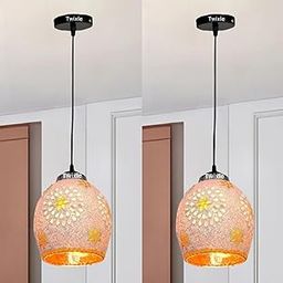 twixle (Pack of 2 Pendant Light with Handmade Pink Glass Shade, Metal Base Cap and Adjustable Textile Cord, Hanging Lamps for Dining Living Room,cafes,resturants and More (Without Bulb)-32