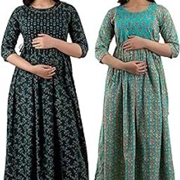 Women's Cotton Printed Maternity Gown Feeding Nighty A-line Maternity Dress Kurti Gown for Women (Po2-Gown-006)-image-112