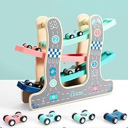 PLUSPOINT Wooden Race Track Car Ramp Toy for Toddler, Color Vehicle Construction Set with 4 Mini Racer Cars, Fine Motor Skill Montessori Building Learning Toys Gift for 3+Years Baby Kids (Gliding Car)-35