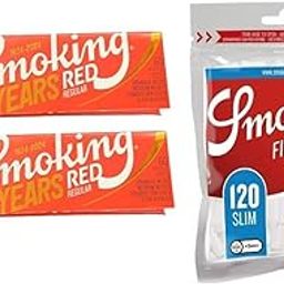 SMOKING RED Regular Regular Size 70MM (Pack of 2 BOOKLETS) 120 Leaves & SMOKING Slim Size Filter 15 * 6 MM (Pack of 1 Pouch) 120 Buds Cigarette Rolling Paper & Cotton Filter Roach Buds-22