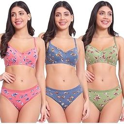 Women' S Premium Lightly Padded Flower Bra Panty Set Pack of 3 (Multicolor)-14
