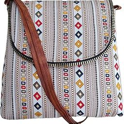 Geometric Print Crossbody Sling Bag, Brown Vegan Leather Strap, Multi-Colour Pattern-image-45