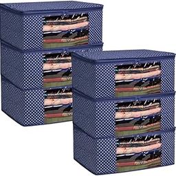 Homestrap Set of 6 Cotton Quilted Saree Covers | 3-Layered Foldable Storage Bags with Transparent Window & Zip | Premium Wardrobe Organizer for Sarees, Lehengas, Dresses | Navy Blue-9
