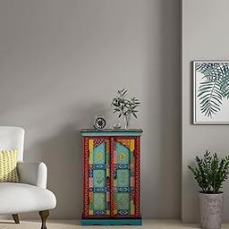 UJJWAL WOOD Handpainted 2 Door Cabinet | Mango Wood Sideboard with Shelf Storage | Cabinet for Living Room | Pure Mango Wood, Natural Handpainted (Size 91 CM)-image-98