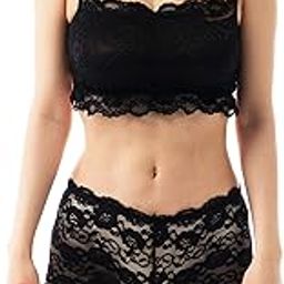 Women Girl Mesh Net Padded Floral Bra Panty Lingerie Set (Black, Medium), Quad Shorts-90