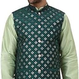Men's Cotton Silk Sequenced Sleeveless Embroided Floral Nehru Jacket-4