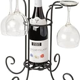 Unique Art Tabletop Wine Bottle & Glass Stand Rack Caddy Holder Black Metal Wrought Iron Centerpiece Barware Display-image-78
