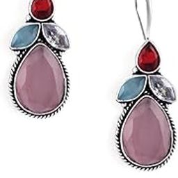 Multi Colored Ethnic Stone Studded Oxidized 925 Silver Plated Earrings - Womens-image-2