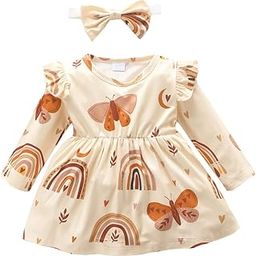 Girl's All-Over Print Full-Sleeve Knee-Length Casual Dress With Headband Polyester In Beige Color-image-3