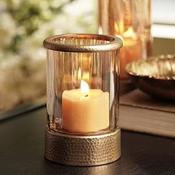 Amber & Gold Glass Candle Holder with Metal Base - Small-image-39