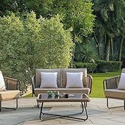 OUTLIVING Outdoor Rope Sofa Set | Balcony Sofa | Patio Conversation Sets | Braided Rope Garden Sofa Set and Table (4 Seater-Beige & Cream)-image-28