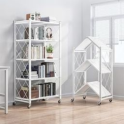 Upmarkt Foldable Movable Storage Rack & Organizer | Multipurpose Bookshelf for Living Room, Office, Library | Metal Foldable Book Rack with Wheels for Easy Mobility & Space Saving (White, 5 Tier)-image-16