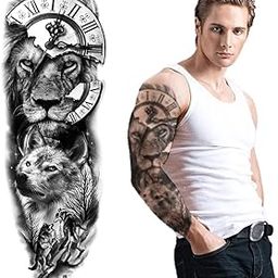 S.A.V.I Full Arm Tattoo, Full Sleeve Arm Tattoo For Men, Broken Clock, Lion, Wolf Tattoo For Girls Women, Temporary Tattoo Sticker, Size 48x17CM-image-24