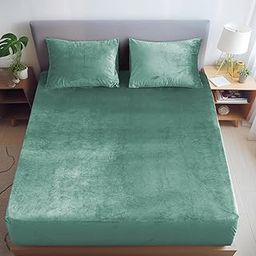 Cloth Fusion 200 TC Warm Winter Elastic Fitted Bedsheet for Double Bed King Size with 2 Pillow Covers, Cozy Woolen Bedsheets for Double Bed (78X72X8 inches, Green)-image-18