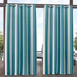 Exclusive Home Curtains Canopy Stripe Indoor/Outdoor Grommet Top Curtain Panel Pair, 54x96, Teal/White-image-84