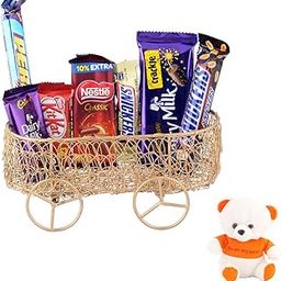 SFU E Com Handmade Wheel Basket With Creamy Chocolates Gift | Valentine Love Teddy Bear With Chocolate Combo | Valentine Chocolate Hamper | 707-26