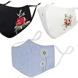 MASQ By Q-One Floral Reusable, Washable, Anti-Bacterial (BFE>99%) 4 Layer Embroidered, Fashionable Cotton Cloth Face Mask for Women with Ear Adjusters and Mask bag (Black-Blue-Pink)-26