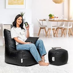 Amazon Brand - Solimo Premium Faux Leather Chair Bean Bag Combo with Footrest & Cushion, Filled with Beans | Capacity: Upto 6 Ft 3 in Height, 120 KG Weight | Black-image-49