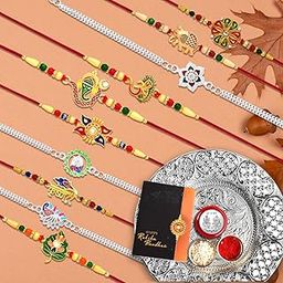 Oblivion Rakhi for Brother Set of 10 with Dish – Silver Color Coin & Greeting Card – Brother and Bhabhi – Gift for Brother and Kids, Rakhi Combo (K10_MC78_DS_Y25)-image-49
