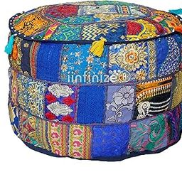 iinfinize 16 Inch Round Pouf Cover Patchwork Handmade Home Decorative Ottoman Footstool Pouff Vintage Living Room Office Sofa Corner Pouf Blue-image-85