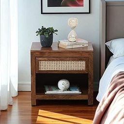 Renbo Furniture Sheesham Wood Bedside Table with Cane Drawer | Modern Storage Nightstand | Rattan Drawers Mid Century Night Stand for Living Room-image-93