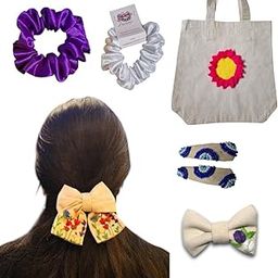 Laveni Creations Handmade Gift Combo | Wildflower Bow, Evil Eye Clips, Lavender Rose Bow, 2 Satin Scrunchies, & Crochet Sunflower Tote Bag | Thoughtful Handmade Gift Set for Girls & Women-image-66