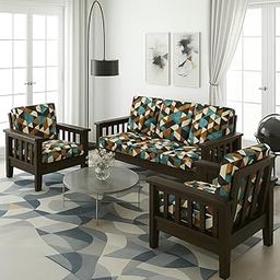 HANDWOOD FURNITURE 5 Seater Fabric Sofa Set for Living Room Furniture | Wooden 3+1+1 Sofa Set for Home & Office | Color:- Walnut Finish with Printed Cushions-picture-1