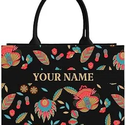 rerden Personalized Floral Tote Bag, Black with Coral and Turquoise Pattern, Customizable Name Design, Large Shoulder Handbag-picture-41