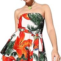 Women Tropical Printed Off-Shoulder Neck Waist Tie-Up Layered Mini Playsuit-image-40