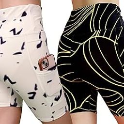 Womens High-Waisted Printed Shorts with Phone Pocket, Print Pattern, Polyester Blend, Cycling, Gym wear, Yoga, Sportswear Activewear, Pack of 2-image-51