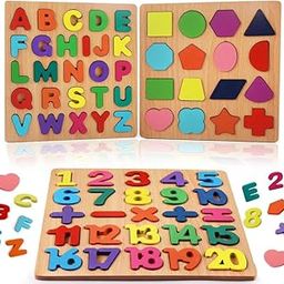 Vrakshaya Wooden Alphabet Puzzles Numbers Count Board Blocks 3 Sets Game, Colorful ABC Lower Letters/Numbers/Shapes for Kids Toddlers Preschool Early Learning Educational Toys (Set of 3)-image-82