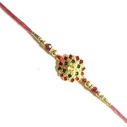 Traditional Floral Rakhi with Gold-Plated Design, Red and Green, Pearl Beads, 25 cm Thread-22