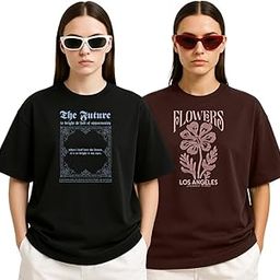 Women’s Oversized Cotton Blend Graphic T-Shirt Combo (Pack of 2) | Baggy Fit, Drop Shoulder, Half Sleeves | Sizes S to 2XL-image-31