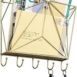 Indian Decor 38015 Modern Geometric Gold Metal Wire Wall Mounted Mail Sorter Magazine & File Storage Organizer Rack with 5 Key Hooks - Golden.-image-44