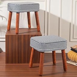 LUSHLIN Ottoman Stool Set of 2 for Living Room - Cotton Cushioned Wooden Pouffee for Bedroom, Stylish Side Ottoman, Puffy Sitting Stool (Blue & White)-image-53