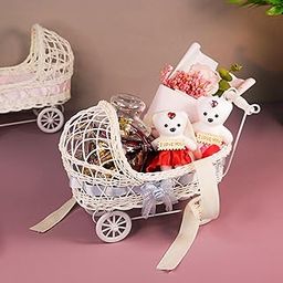 Art Street Gift Hamper Wicker Trolley, Mini Doll Stroller Shape Flower Basket/Gift Presenter, Organizer for Home and Table Décor (Blue, 9x12 Inch)-23