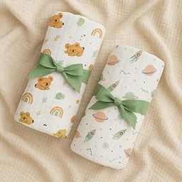 Blushbaby Cotton Muslin Swaddles Wrap for Newborn Baby - Soft Swaddle Cloth for New Born, Muslin Baby Swaddle Wrap for New Born, New Born Swaddle, 100x100 cm (Pack of 2, Space-Bear)-image-3