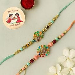 Rakhi Set of 2 Multicolor Peacock Designer Rakhis, Best Bro Ever Fridge Magnet with Roli Chawal Pack - Rakhis for Brother, Bhabhi, Kids-16