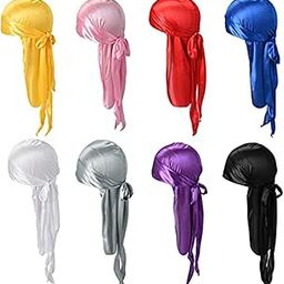 8 Pack Silk Durag for Men and Women - Satin Silky Long Tail Headwrap, Breathable Turban Hat, Stocking Cap With Long Wide Straps - Pirate Hat-image-70