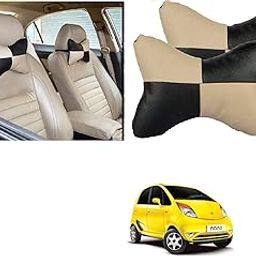 Kozdiko Car Seat Pillow/Seat Cushion/Head Rest (Black/Beige, Set of 2 Pcs) Neck Rest Pillow Square Chess Design for Tata Nano-image-7